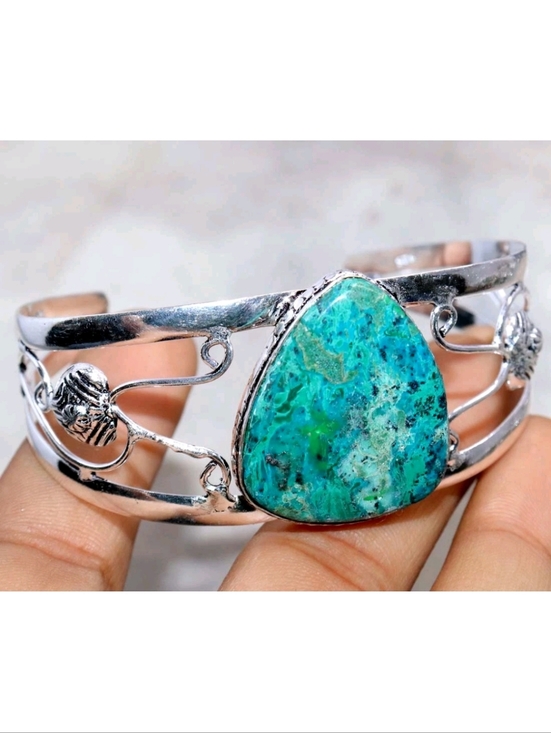 Handmade Jewelry - Chrysocolla Gemstone 925 Sterling Silver Handmade Adjustable Cuff Bracelet